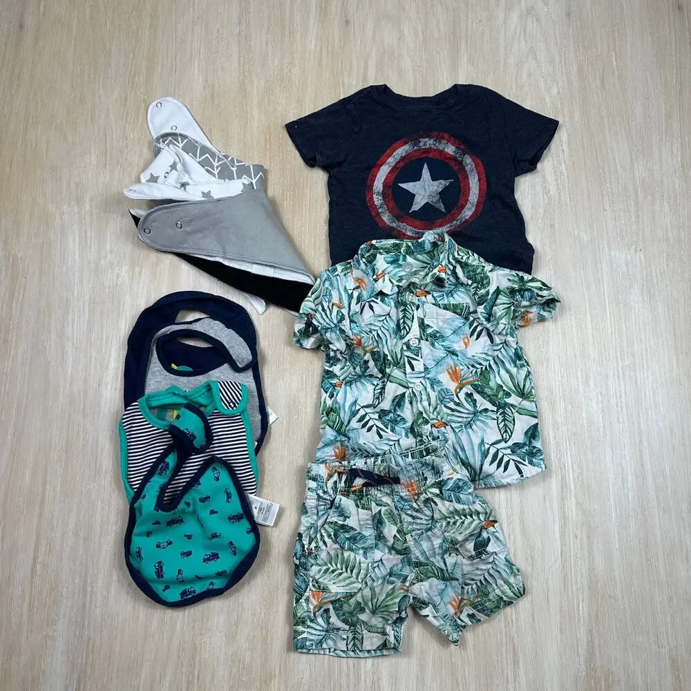 Baby Boy Lot 18M Wonder Nation Outfit Bibs Eating Captain America Shirt 10 Piece